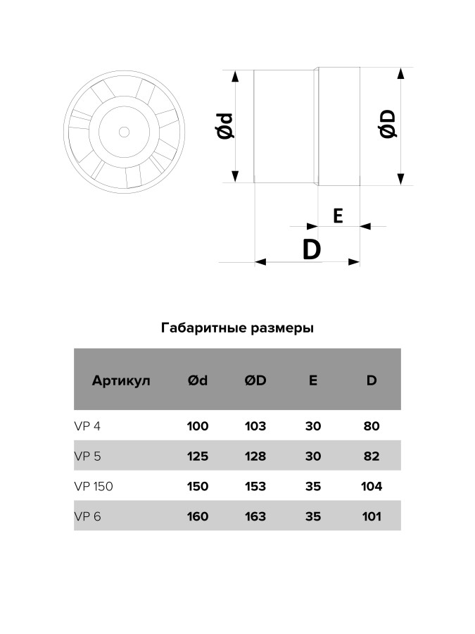 VP 6, Вентилятор осевой канальный вытяжной D 160