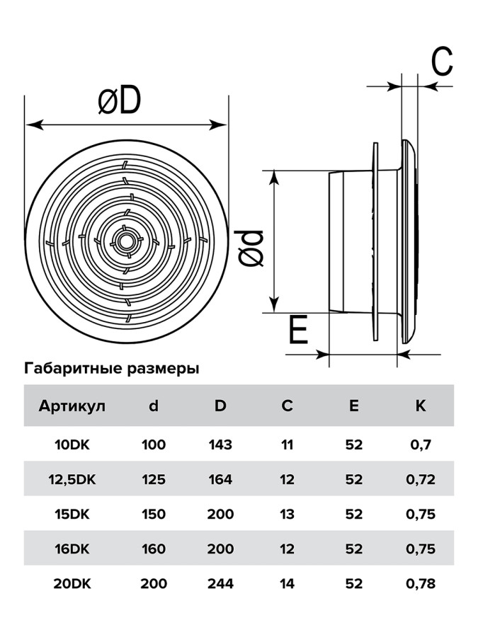 10DK, Диффузор приточно-вытяжной со стопорным кольцом и фланцем D100